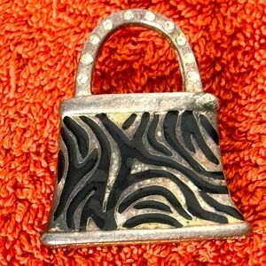 AJMC Zebra Purse Brooch Pin Black White Enamel Rhinestones VTG Stamped 1.5x1.25